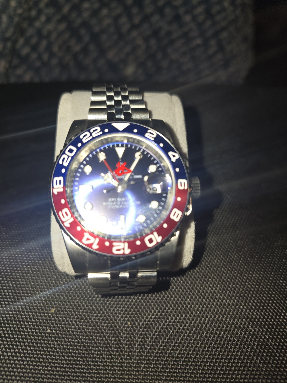 Stainless Steel Men's GMT Watch with Blue and Red Bezel